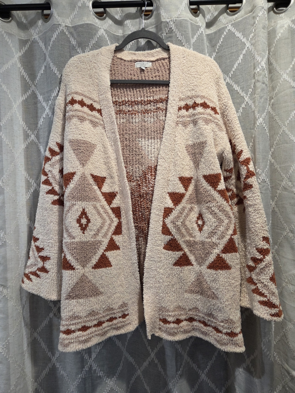 Cozy Open-Front Aztec Cardigan - Beige & Rust